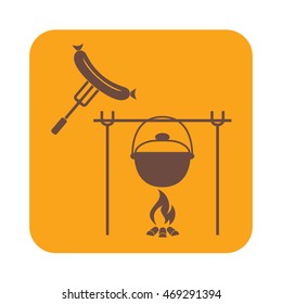 Fire, pot and sausage icon. Vector illustration.

