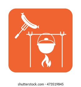 Fire, pot and sausage icon. Vector illustration.