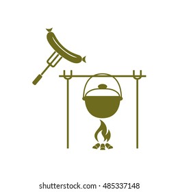 Fire, pot and sausage icon. Vector illustration.