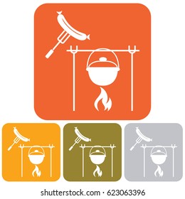 Fire, pot and sausage icon. Vector illustration.

