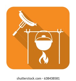Fire, pot and sausage icon. Vector illustration.