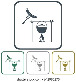 Fire, pot and sausage icon. Vector illustration.