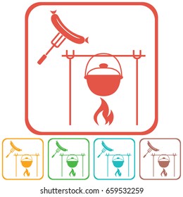 Fire, pot and sausage icon. Vector illustration.