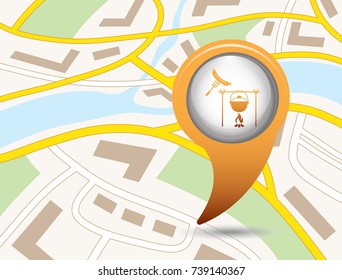Fire, pot and sausage icon. Vector illustration.

