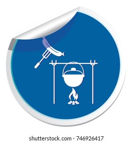 Fire, pot and sausage icon. Vector illustration.