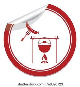 Fire, pot and sausage icon. Vector illustration.