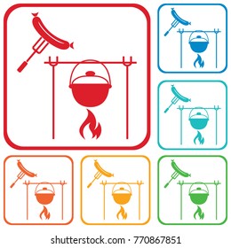 Fire, pot and sausage icon. Vector illustration.

