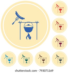 Fire, pot and sausage icon. Vector illustration.

