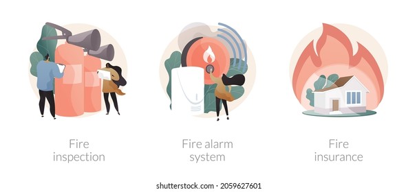 Fire prevention abstract concept vector illustration set. Fire inspection, alarm system and property insurance, smoke sensor, emergency plan, damage coverage, accident policy abstract metaphor.