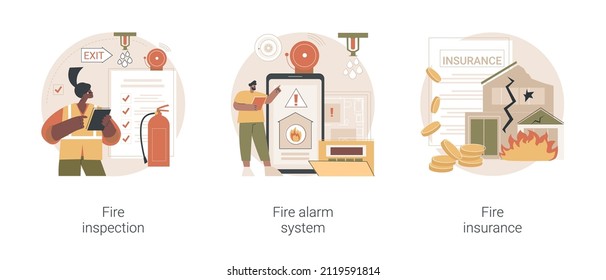 Fire Prevention Abstract Concept Vector Illustration Set. Fire Inspection, Alarm System And Property Insurance, Smoke Sensor, Emergency Plan, Damage Coverage, Accident Policy Abstract Metaphor.