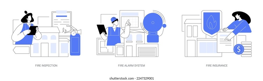 Fire prevention abstract concept vector illustration set. Fire inspection, alarm system and property insurance, smoke sensor, emergency plan, damage coverage, accident policy abstract metaphor.