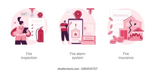 Fire prevention abstract concept vector illustration set. Fire inspection, alarm system and property insurance, smoke sensor, emergency plan, damage coverage, accident policy abstract metaphor.