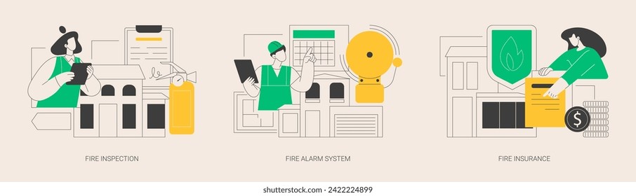 Fire prevention abstract concept vector illustration set. Fire inspection, alarm system and property insurance, smoke sensor, emergency plan, damage coverage, accident policy abstract metaphor.