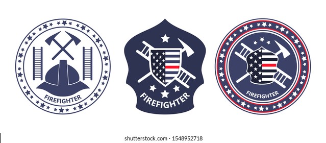 Fire Prevention Awareness Month is organised in USA. Ladder, helmet, tools, shield with American flag are shown. Trendy round emblem vector of firefighters for banner, icon, web, logo.