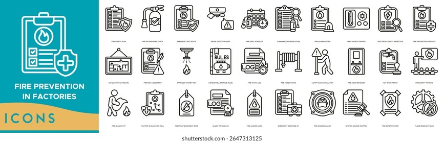 Fire Prevention in Factories Icon set. Fire Safety Plan, Fire Extinguisher Check, Emergency Exit Route, Smoke Detector Alert, Fire Drill Schedule and Flammable Materials Sign