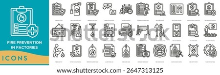 Fire Prevention in Factories Icon set. Fire Safety Plan, Fire Extinguisher Check, Emergency Exit Route, Smoke Detector Alert, Fire Drill Schedule and Flammable Materials Sign