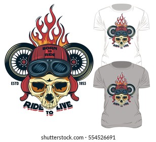 Fire print skull t-shirt design old school style biker print with motorcycle wheels and symbols vector illustration