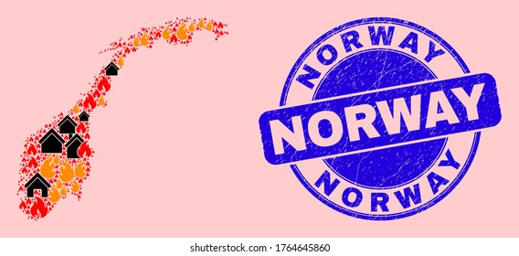 Fire and property collage Norway map and Norway dirty stamp seal. Vector collage Norway map is done of randomized burning towns. Norway map collage is designed for fire guard illustrations.
