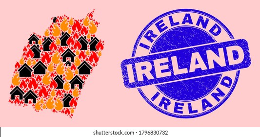 Fire and property combination Manipur State map and Ireland rubber stamp imitation. Vector collage Manipur State map is composed from scattered burning villages.
