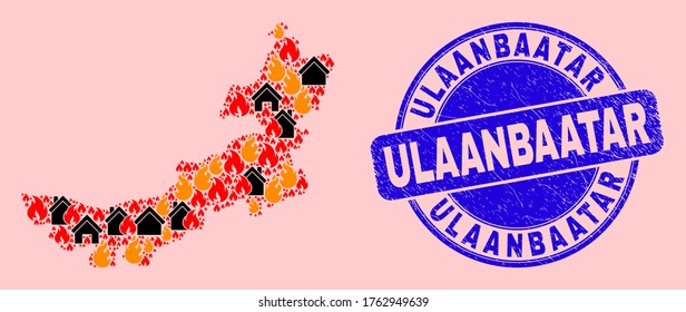 Fire and property mosaic Inner Mongolia map and Ulaanbaatar textured seal. Vector mosaic Inner Mongolia map is made with scattered burning cities.