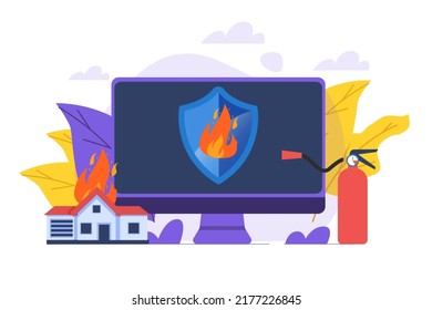 Fire protection, fire alarm online concept. Vector illustration.