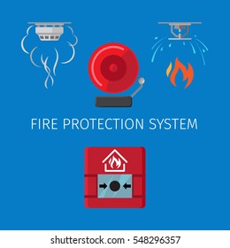 Fire protection and alarm system vector illustration on blue background