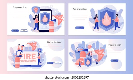 Concepto de protección contra incendios. Tecnologías de prevención de incendios. Pequeños bomberos extinguiendo la llama. Plantilla de pantalla para página de inicio, plantilla, ui, web, aplicación móvil, afiche, banner, volante. Vector 