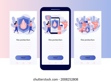 Fire protection concept. Fire prevention technologies. Tiny people firefighters extinguishing flame. Screen template for mobile, smartphone app. Modern flat cartoon style. Vector illustration