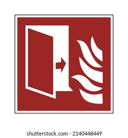 Fire protection door sign. Vector illustration of red square board with open door and fire flames inside. Fire protection symbol isolated on white background. Emergency exit. Red safety sticker.