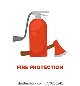 Fire protection extinguisher and axe vector flat icon for information and firefighting instruction design template