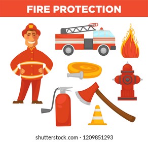 Fire protection and extinguishing equipment tools icons.