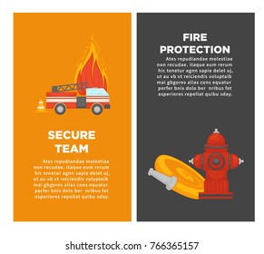 Fire protection or firefighting secure team vector poster of firefighter extinguishing equipment