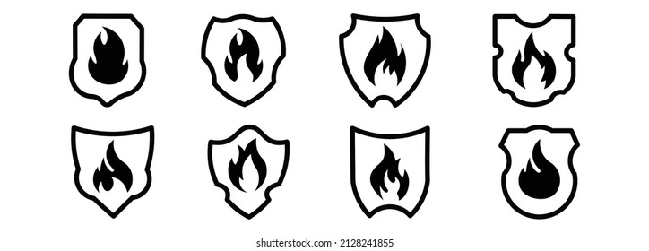 fire protection  icon linear sign on white background ,Shield with fire sign. Vector fire shield. Vector shield icon