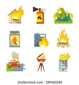 Fire protection icons set of house forest car accidents isolated vector illustration