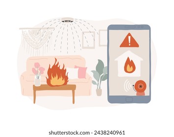 Ilustración aislada del vector del concepto de la protección contra incendios. Sistema de alarma de incendios, equipo de seguridad, protección de emergencia de edificios, detector de humo, solución de advertencia, concepto de vector de dispositivo de pulverización de agua.