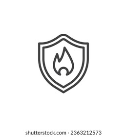 Fire protection line icon. linear style sign for mobile concept and web design. Shield with fire flame outline vector icon. Insurance symbol, logo illustration. Vector graphics