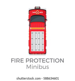 Fire protection minibus car service means of transportation isolated on white background. Vector city transport icon, red fire car for firefighting , top view on vehicle in cartoon style flat design