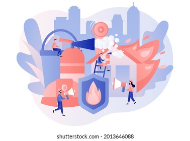 Protección contra incendios. Tecnologías de prevención de incendios. Pequeños bomberos extinguiendo la llama. Rescatador. Alarma de fuego. Estilo moderno de dibujos animados planos. Ilustración del vector sobre fondo blanco