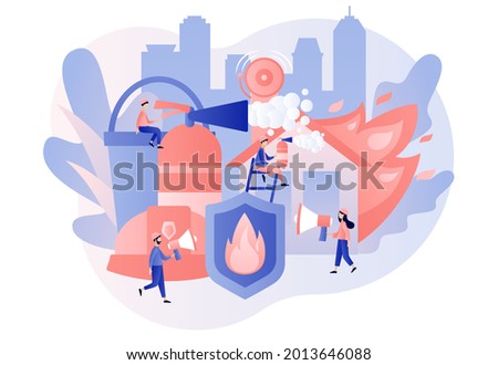 Fire protection. Fire prevention technologies. Tiny people firefighters extinguishing flame. Rescuer. Fire Alarm. Modern flat cartoon style. Vector illustration on white background Foto stock © 