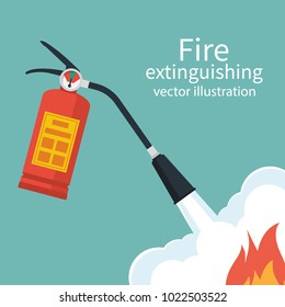 Fire protection. Fire safety. Fire extinguisher aimed at the fire. Vector illustration flat design. Place to describe instructions. Protection from flame. Show training instructions. Foam from nozzle.