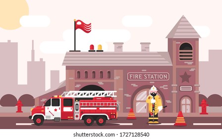 Fire protection. Fire safety. Fire extinguisher aimed at the fire. Vector illustration flat design. Place to describe instructions. Protection from flame. Show training instructions.