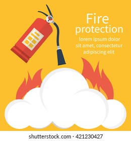 Fire protection, safety. Fire extinguisher aimed at the fire. Vector illustration flat design. Template banner for web design and print. Place to describe instructions.