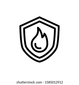 fire protection shield icon in black flat style on white background, vector fire shield