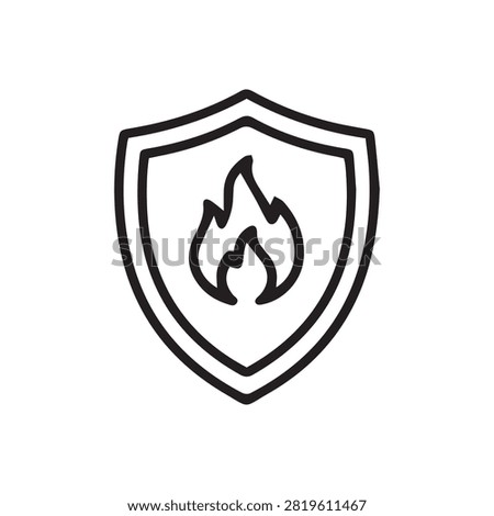 Fire protection shield line icon with flame symbol