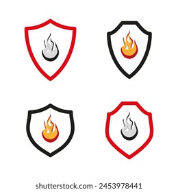 Fire protection shield set. Flame safety symbol. Firewall security icons. Vector illustration. EPS 10.
