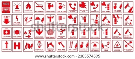 Fire protection signs. Red signs used in fire warning. Action during a fire.