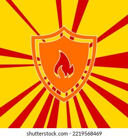 Fire protection symbol on a background of red flash explosion radial lines. A large orange symbol is located in the center of the sunrise. Vector illustration on yellow background