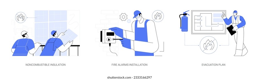 Fire protection system abstract concept vector illustration set. Noncombustible insulation, fire alarms installation, evacuation plan, commercial building security abstract metaphor.