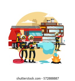 Fire protection template with rescue truck and firefighters in uniform and helmet with different equipment vector illustration 