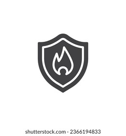 Fire protection vector icon. filled flat sign for mobile concept and web design. Shield with fire flame glyph icon. Insurance symbol, logo illustration. Vector graphics